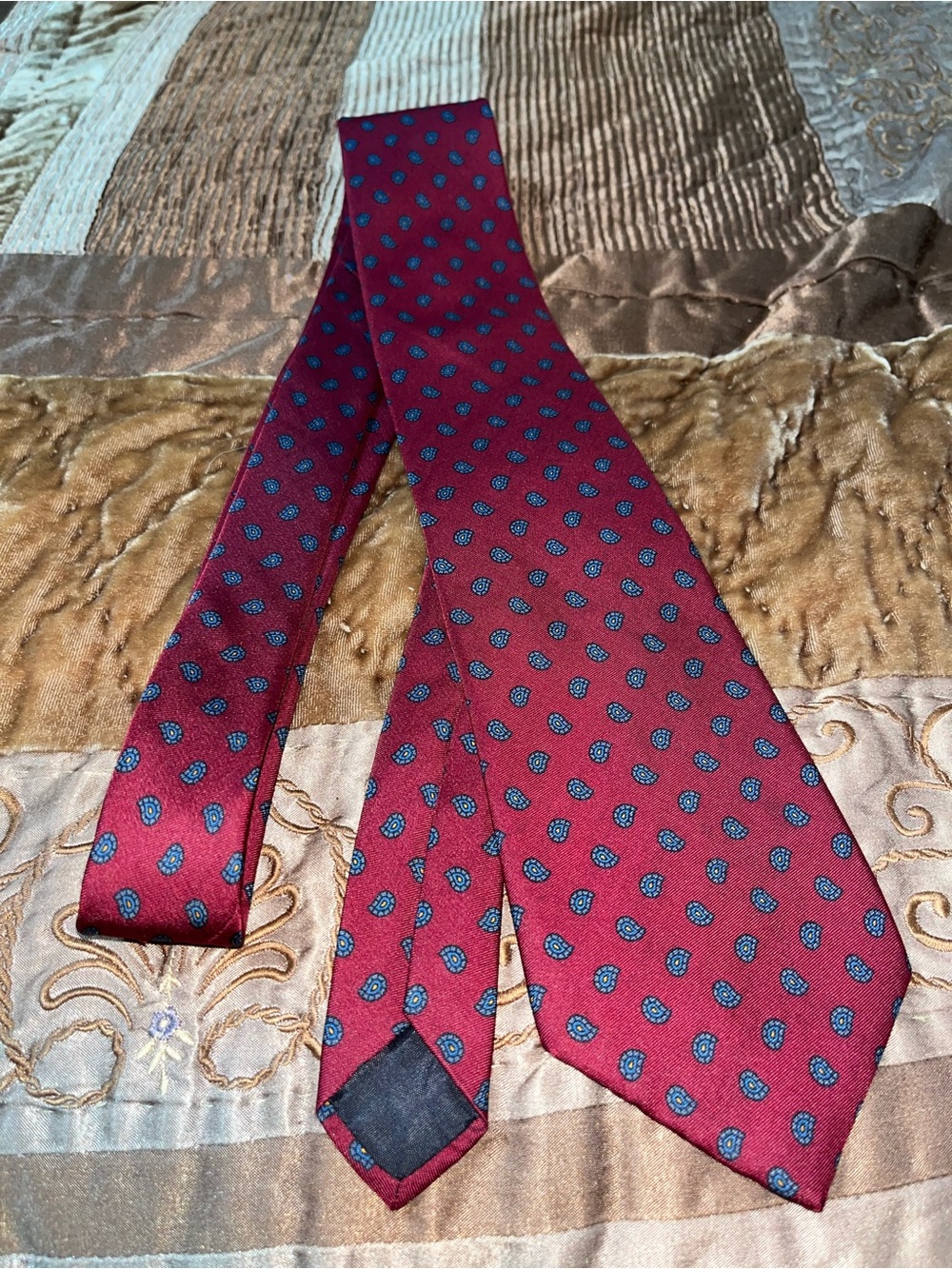 Saks Fifth Avenue Burgundy Silk Tie with Teal Paisley Motif